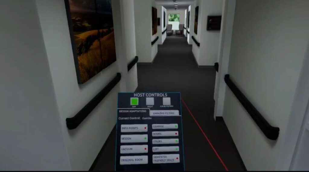 Virtual corridor with host controls displayed.