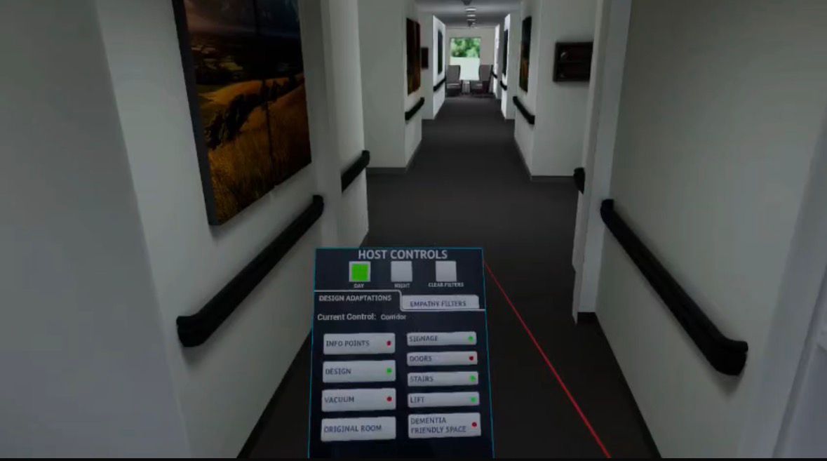 Virtual corridor with host controls displayed.